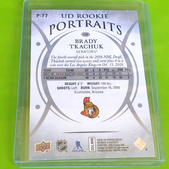 Brady Tkachuk UD Portraits Rookie Hockey Card Ottawa Senators 2018/19 P-77 - Picture 2 of 2